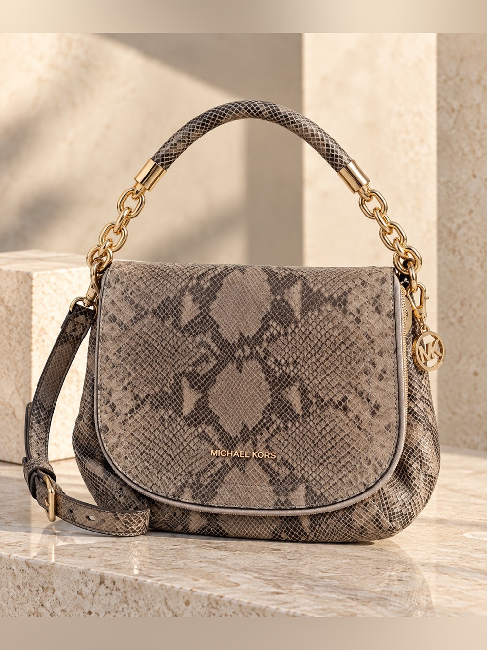 Michael Kors Taupe Snake-Print Shoulder Bag with Gold Hardware